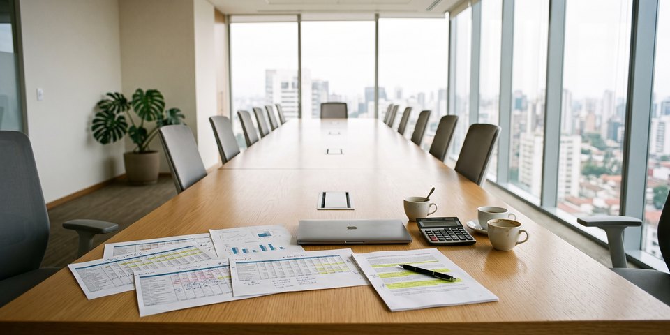 Una mesa de reunión con planillas impresas, una calculadora y la ciudad por el ventanal.